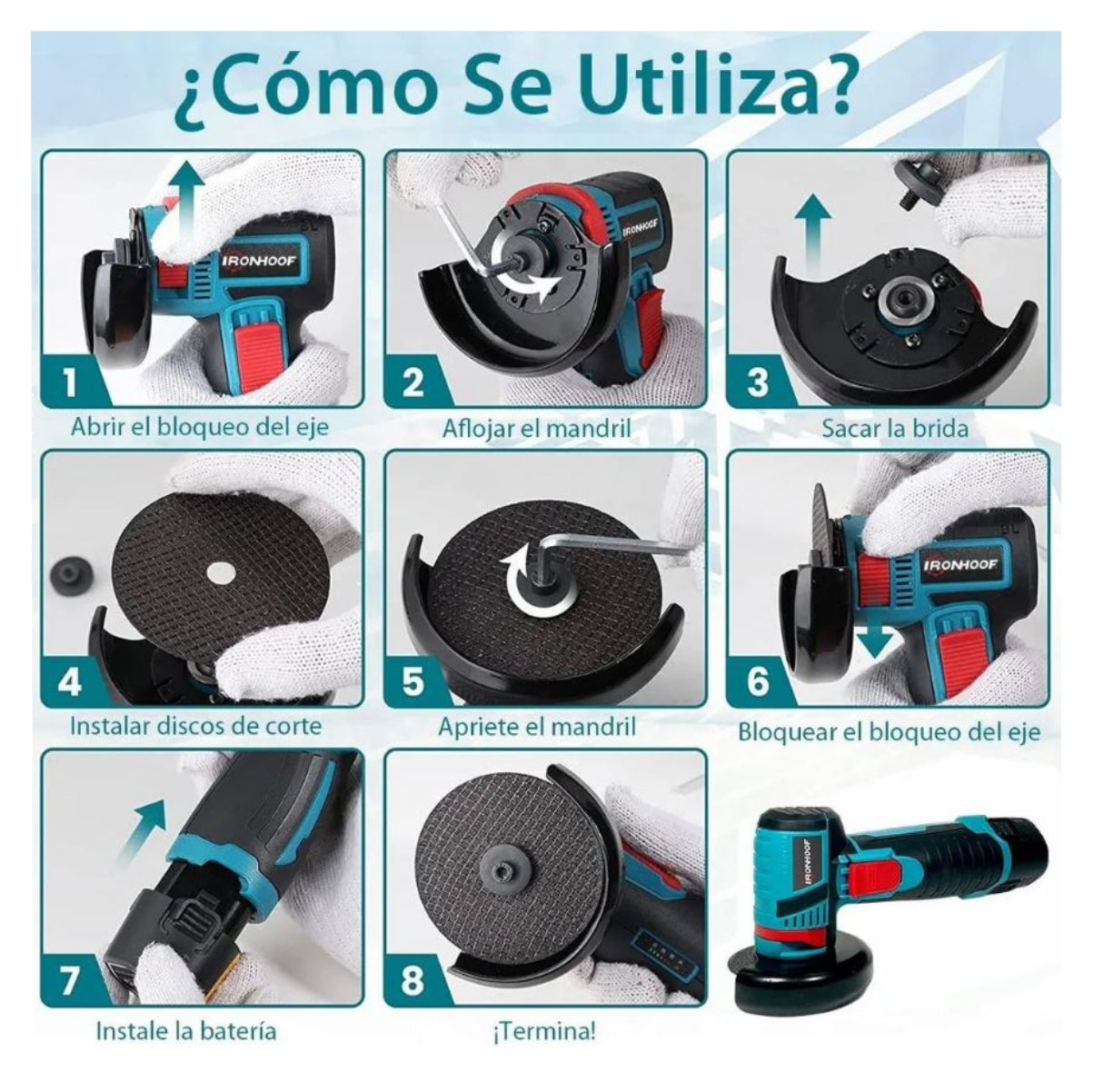 Mini amoladora angular 12V con disco de corte