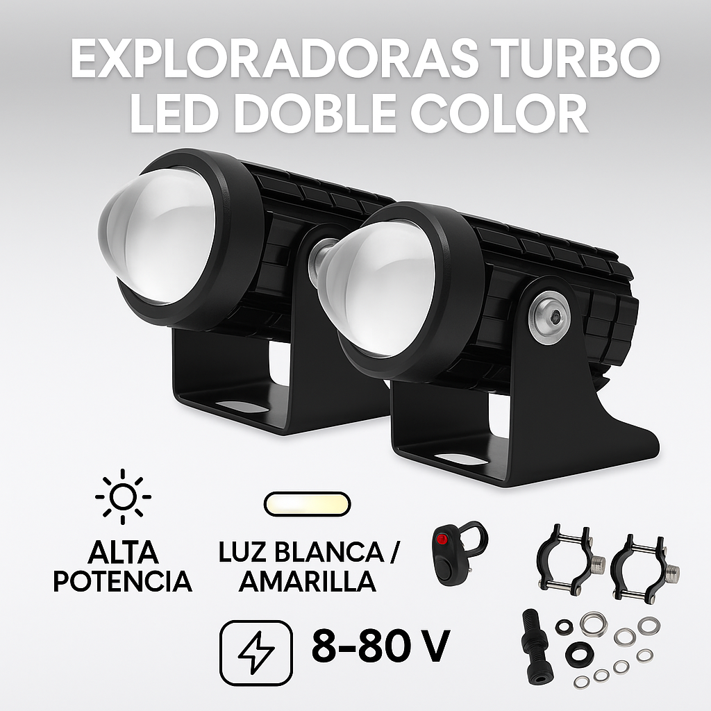Exploradoras Turbo LED Doble Color – Máxima Potencia y Seguridad para tu Moto o Carro