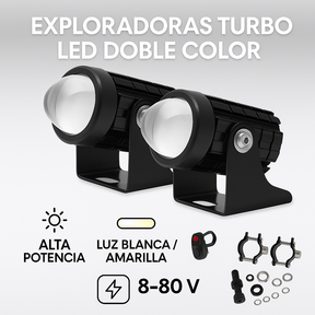Exploradoras Turbo LED Doble Color – Máxima Potencia y Seguridad para tu Moto o Carro